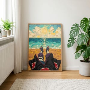 May include: A framed painting depicts a beach scene with a person's legs and feet in the foreground. The artwork features a vibrant ocean, a bright sun, and fluffy clouds. The person is wearing black sandals and a black robe with red cloud designs.