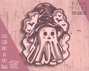 Cute Ghost SVG, Multilayer Halloween, Laser Ready Files, Spooky Season SVG, Digital Download dxf cdr ai dwg eps, Cricut Cutting, Glowforge