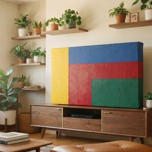 May include: A rectangular television screen cover featuring a textured, color-blocked design in yellow, blue, red, and green, resting on a mid-century modern walnut wood media console with gold-toned hardware and open shelving.