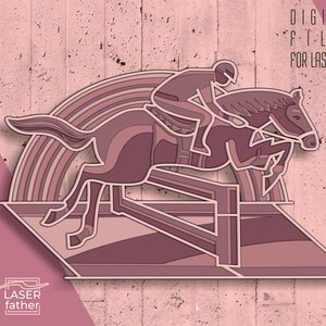 以下が含まれることがあります： ライダーが乗った馬が障害物を飛び越えている、重ねられた多色のデザイン。デザインはピンクとブラウンの色合いで、レーザーカットに適しています。