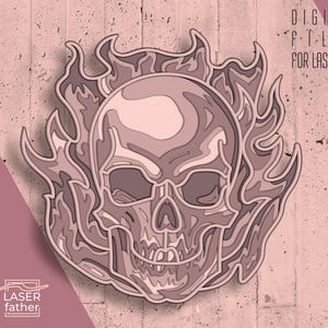 May include: A layered, detailed design of a skull with flames, suitable for laser cutting. The skull is in shades of pink and brown, with a detailed design of the skull's features.