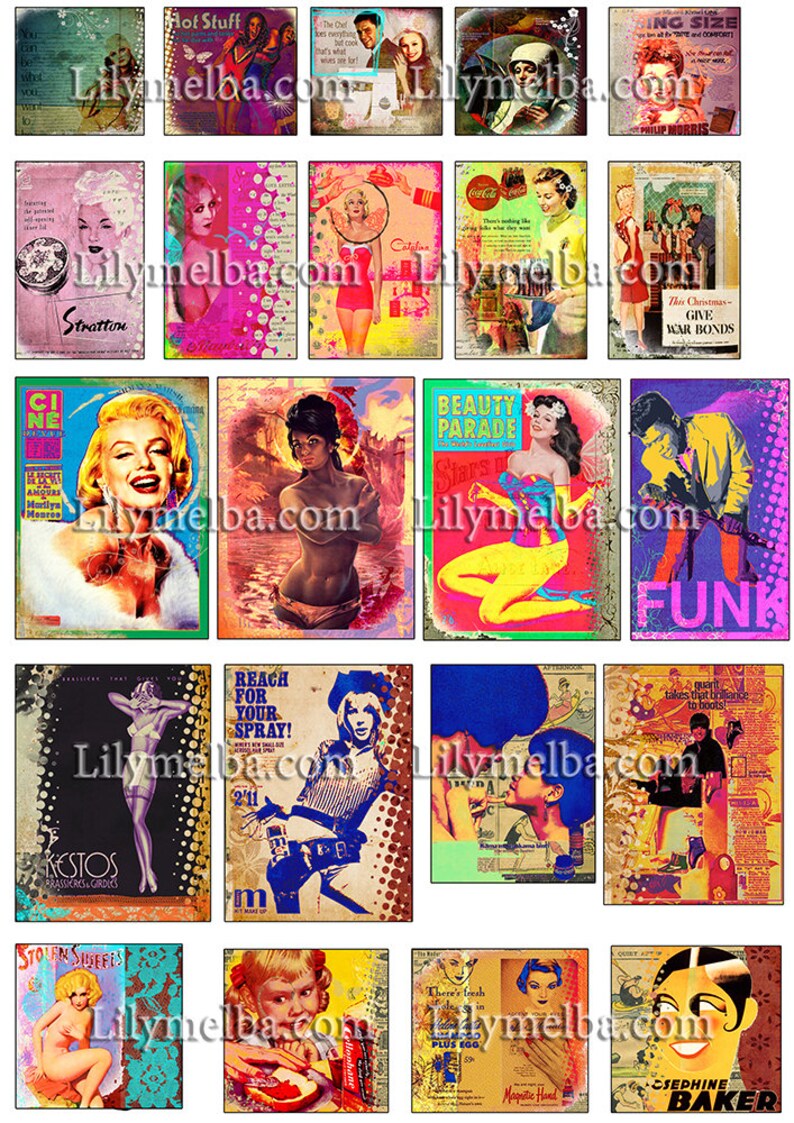 Vintage advertisementDigital Collage Sheet inchies or twinchies...Mixed media girls Instant printable Digital Download.