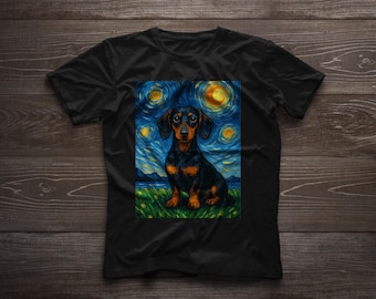Camiseta unisex con diseño de perro salchicha Van Gogh Starry Night, salchicha larga y baja, regalo para amantes de los perros salchichas