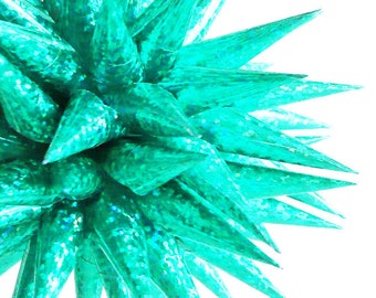 Teal Beach House Holiday Decor Spiky Sparkly Christmas Tree Ornament Colorful Paper Christmas Tree Decoration - Tropical Lights, 4 inch