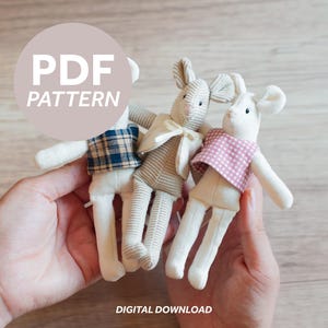 May include: Three handmade stuffed animal bunnies with fabric clothing. One bunny wears a blue plaid vest, another a beige jacket, and the third a pink gingham top. The image includes the text "PDF PATTERN" and "DIGITAL DOWNLOAD".