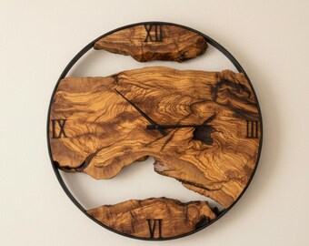 Live Edge Olive Wood Wall Clock, Rustic Metal Frame, Farmhouse Decor