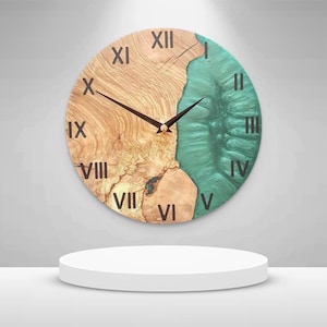 Handmade Olive Wood Wall Clock with Green Epoxy Resin: Rustic Home Decor