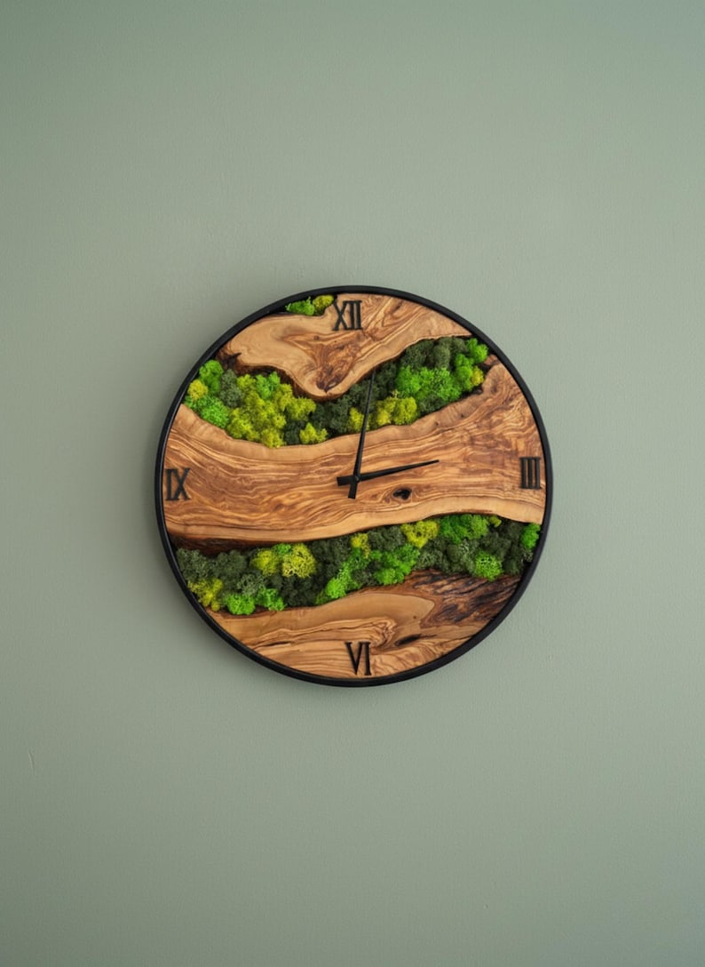 Olive Wood & Preserved Moss Wall Clock, Handmade Metal Frame Clock ...