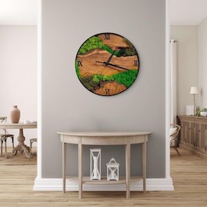 Minimalist Wall Clock  Natural Moss and Wood, Eco-Friendly Home Decor Clock, Rustic Living Room Wall Art, Modern Nature-Inspired Timepiece