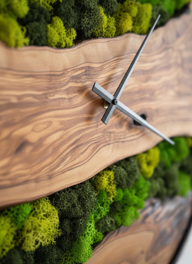 Olive Wood & Preserved Moss Wall Clock, Handmade Metal Frame Clock ...