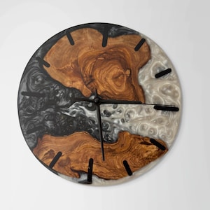 Epoxy Resin Olive Wood Wall Clock: Handmade Rustic Modern Decor