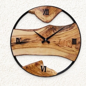 Natural Olive Wood and Metal Wall Clock, Rustic Modern Wall Decor, Handmade Nature Inspired Home Clock, Unique Wooden Wall Art Gift