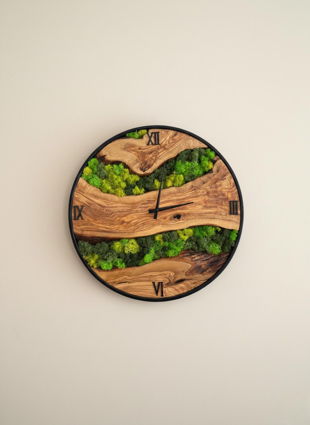 Olive Wood & Preserved Moss Wall Clock, Handmade Metal Frame Clock ...