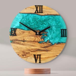 Handmade Olive Wood Wall Clock: Ocean Wave Epoxy Resin, Coastal Decor