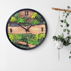 Custom Moss and Olive Wood Wall Clock | Personalized Natural Rustic Clock Decor | Handmade Greenery Timepiece | Eco Friendly Nature Gift