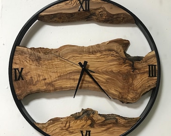 Handmade Olive Wood Wall Clock: Rustic Metal Frame, Silent Clockwork