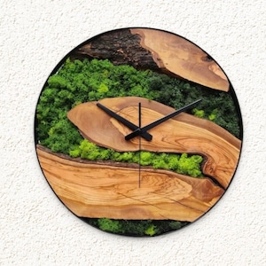 Rustic Olive Tree & Moss Wall Clock, Natural Wooden Wall Clock, Handmade Unique Home Decor, Silent Clock for Living Room - Office, Gift Idea