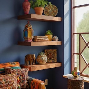 Thick Floating Wall Shelf 36 cm | Wood Display Shelf 30x20 cm for Sculptures, Books, Plants | Japandi Minimalist Wall Decor Rack