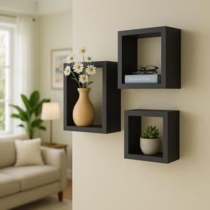 Set of 3 Square Floating Wall Shelves | Modern Cube Display in White Black or Anthracite | Easy Install Bookshelf for Home or Office