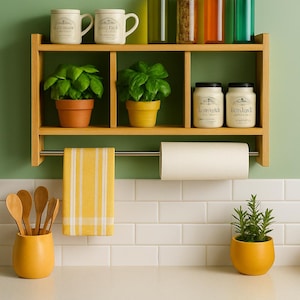 Black Kitchen Wall Shelf with Towel Rack & Roll Holder | 60x40x14 cm Organizer for Mugs, Spices, Herbs | Floating Storage for Modern Homes
