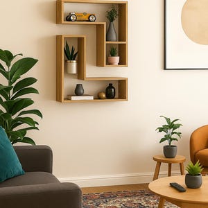 Geometric Floating Wall Shelf 50x50 – Modern Minimalist Display in Black Metal and Wood for Living Room, Entryway or Home Office