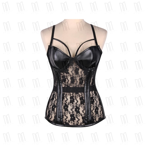 Faux Leather Overbust Underwire Cup Corset Satin and Sheer Lace