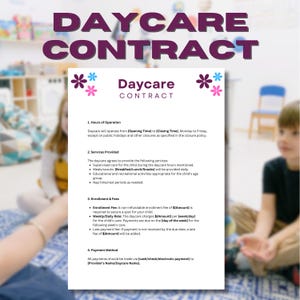 Customizable Daycare Contract, Preschool Enrollment Contract, Home-Based Childcare Agreement, Daycare Liability Waiver, Printable PDF File