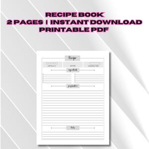 Printable Recipe Book, Blank Recipe Sheet, Cookbook Diary, Digital Recipe Card, Recipe Planner Template,  Recipe Journal PDF, Meal Planner