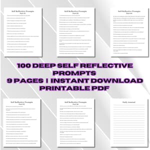 100 Printable Self Reflection Prompts, Digital Self-Care and Mindfulness Journal, Downloadable Pages for Personal Growth and Reflection PDF