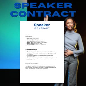 Plantilla editable de contrato de orador para eventos, contrato personalizable de servicios de oratoria, formularios para organizadores de conferencias, archivo PDF imprimible