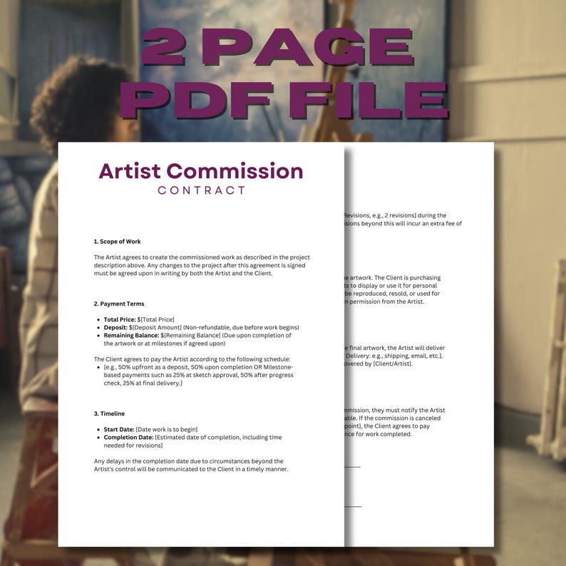 Customizable Artist Commission Contract Template (printable PDF File ...