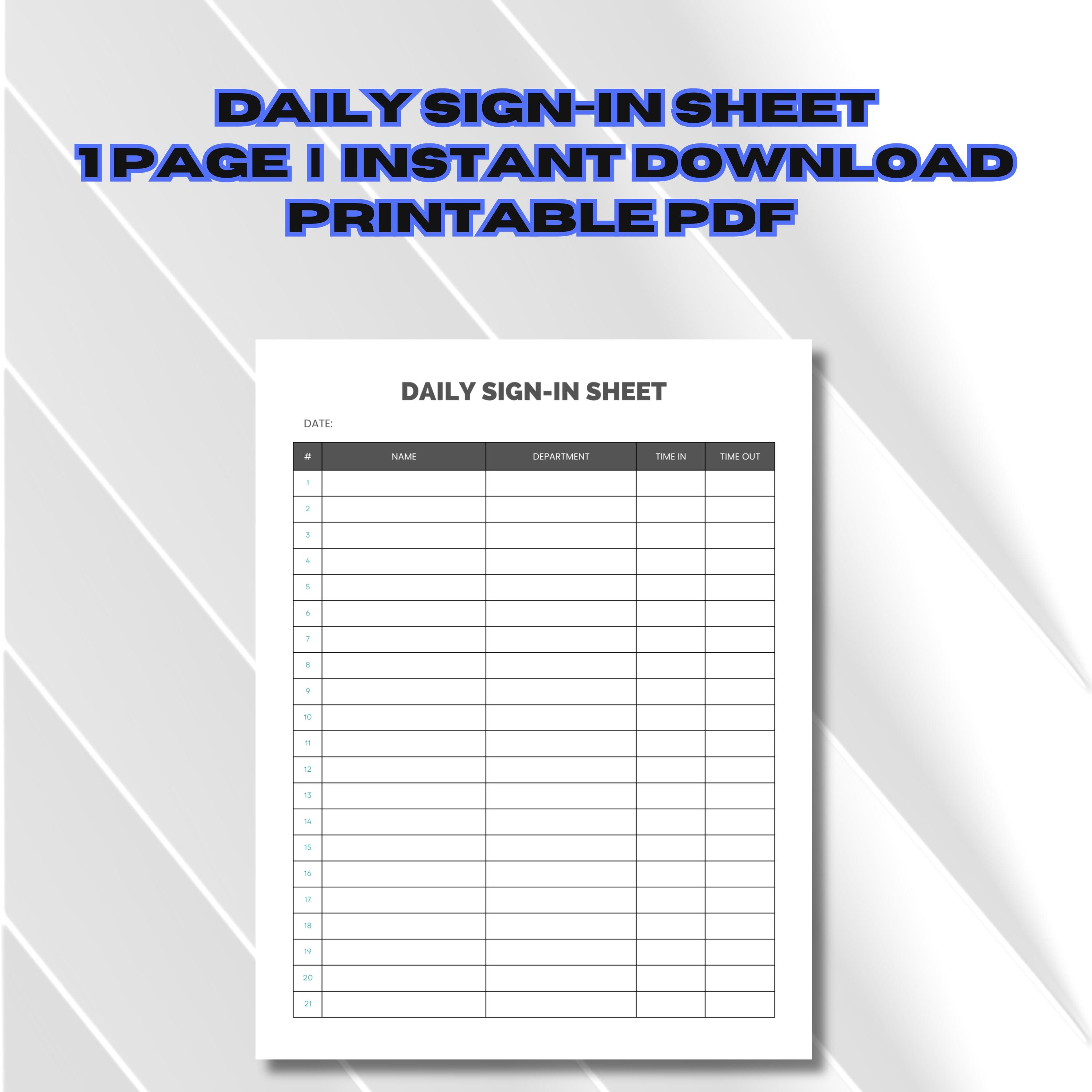 Daily Sign-in Sheet, Digital Work Sign in Sheet, Printable Workplace ...