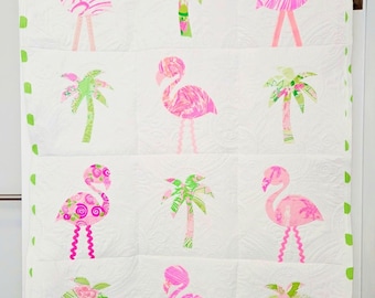 Flamingo and palm tree quilt made with authentic Lilly fabric