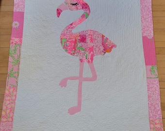 Made to order throw size Fancy Flamingo quilt made by me with authentic fabric