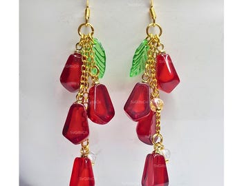 Granatapfelsamen-Ohrringe, rote Glastropfenohrringe, Obstohrringe, Lebensmittelohrringe, Geschenk für sie, roter Granatapfelsamen-Ohrringe