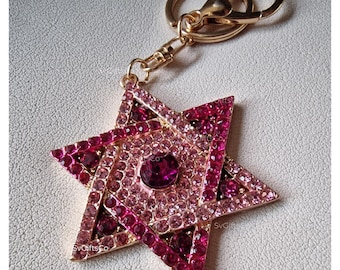 Davidstern Segen Schlüsselbund, Pink Strass Gold Farbe Jüdische Schlüsselkette, Magen David Jejuda Schmuck Geschenk für Frauen Männer