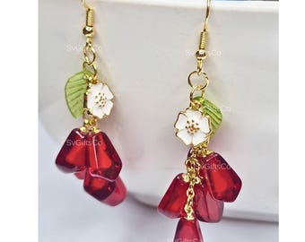 Granatapfelsamen-Ohrringe, rote Glastropfenohrringe, Obstohrringe, Lebensmittelohrringe, Geschenk für sie, roter Granatapfelsamen-Ohrringe