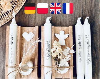 Set regalo per il lutto: candela con incisione su supporto in legno – luce commemorativa con fiori secchi e motivo decorativo – regalo affettuoso di condoglianze e conforto