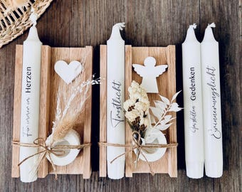 Set regalo per il lutto: candela con incisione su supporto in legno – luce commemorativa con fiori secchi e motivo decorativo – regalo affettuoso di condoglianze e conforto