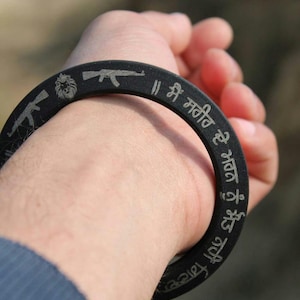 Black Sarbloh Kada: Golden Gurmukhi Engraved Sikh Bracelet
