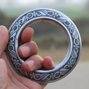 Engraved Sarbloh Kada | Handmade 300g Sikh Bangle with Flower Design | Punjabi FatehWorkshop Kada