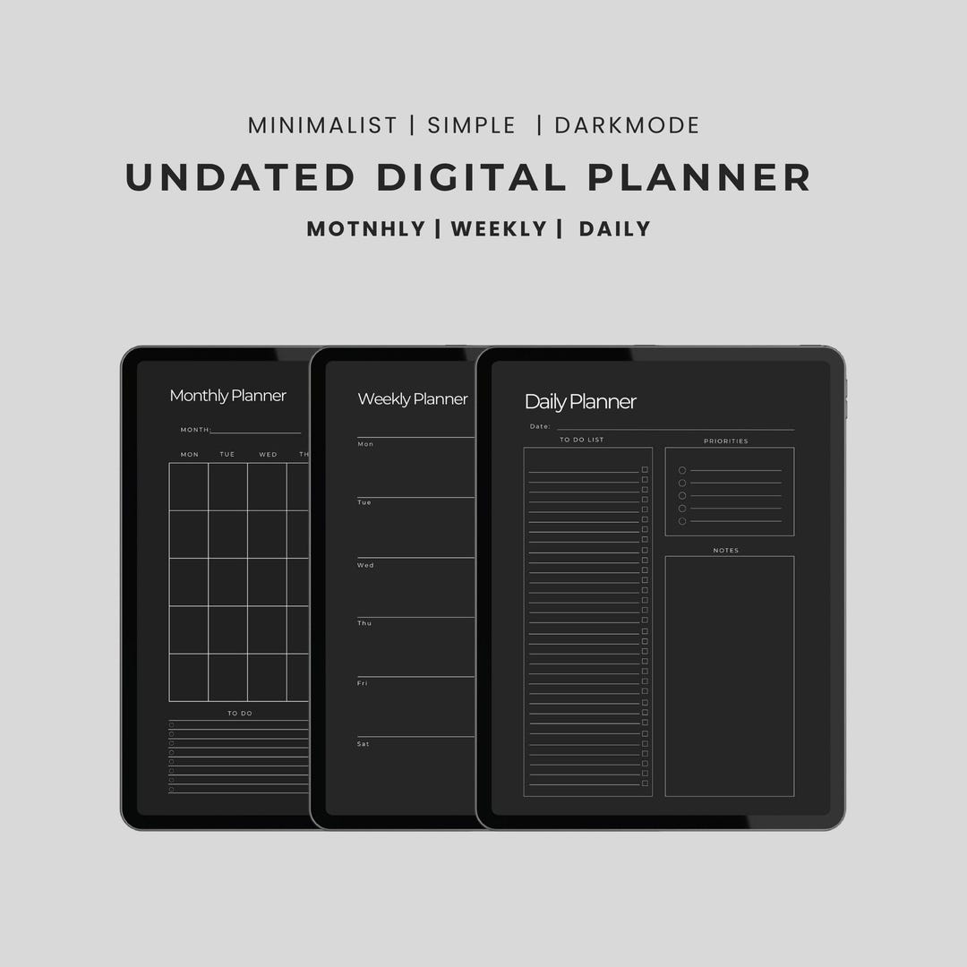 Undated Dark Mode Planner Daily, Weekly & Monthly Digital Planners for ...
