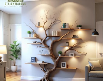 Solid Driftwood Branch Tree Wall Bookshelf, Rustic Floating Shelf Art, Handmade Natural Wood Bookcase, Unique Wall Decor for Home and Office