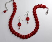 Cherry Red Magnesite Necklace and Earrings Set - Adjustable Length Red Necklace and Earrings Set - Overlapping CoinShape Beaded Necklace Set