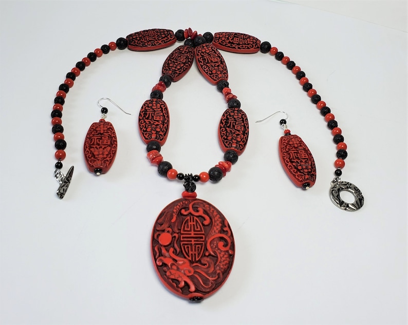 Long Red Cinnabar /& Black Lava Necklace w Oval Pendant and Earrings Red Good Luck Necklace Set in Carved Cinnabar