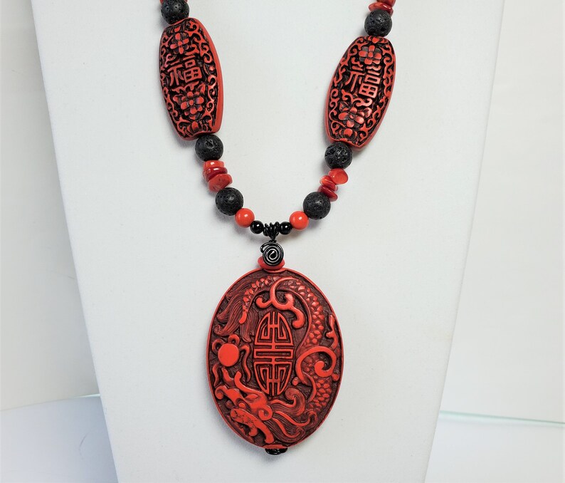 Long Red Cinnabar /& Black Lava Necklace w Oval Pendant and Earrings Red Good Luck Necklace Set in Carved Cinnabar