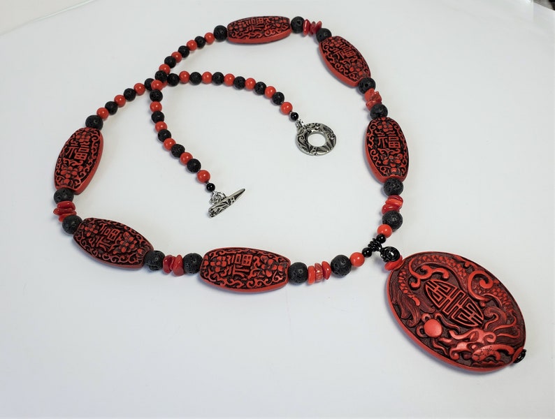 Long Red Cinnabar /& Black Lava Necklace w Oval Pendant and Earrings Red Good Luck Necklace Set in Carved Cinnabar