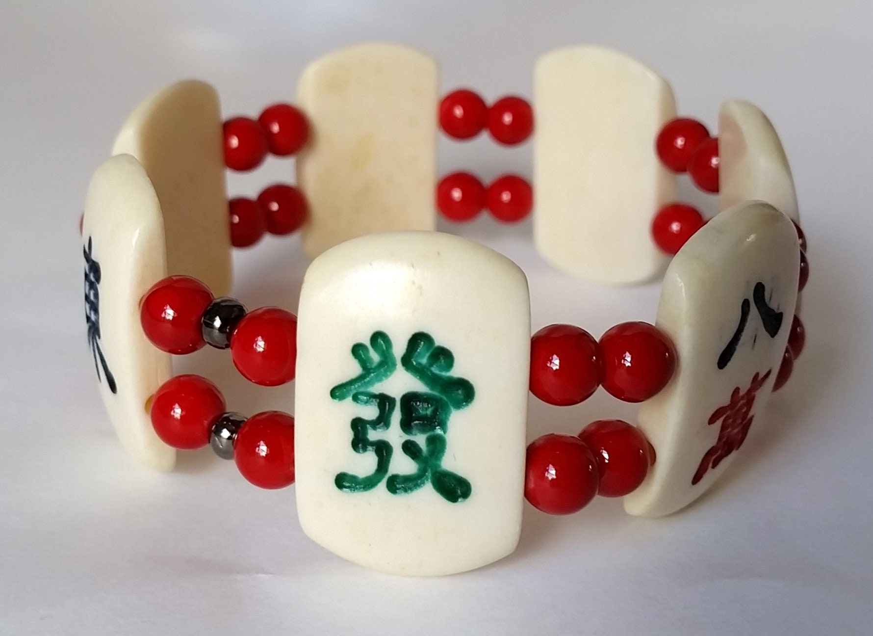 Mahjong Tile Stretch Bracelet With Red Beads