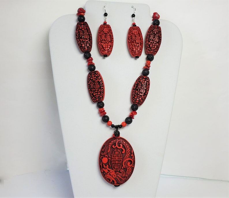 Long Red Cinnabar /& Black Lava Necklace w Oval Pendant and Earrings Red Good Luck Necklace Set in Carved Cinnabar