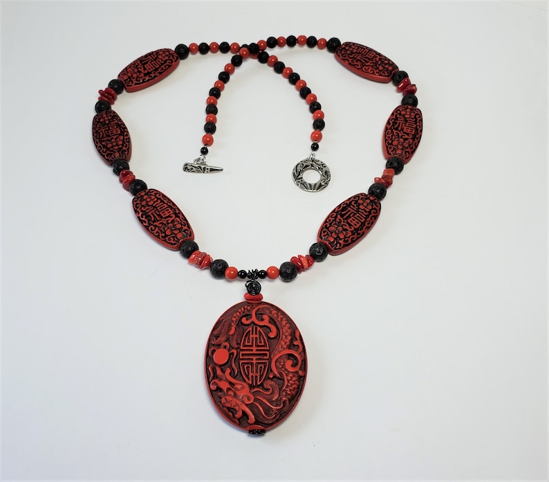 Long Red Cinnabar /& Black Lava Necklace w Oval Pendant and Earrings Red Good Luck Necklace Set in Carved Cinnabar
